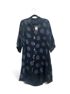 NWT “M” Italy 100% Linen Navy Blue Button-Front Polka Dot Tunic Shirt Dress Sz M